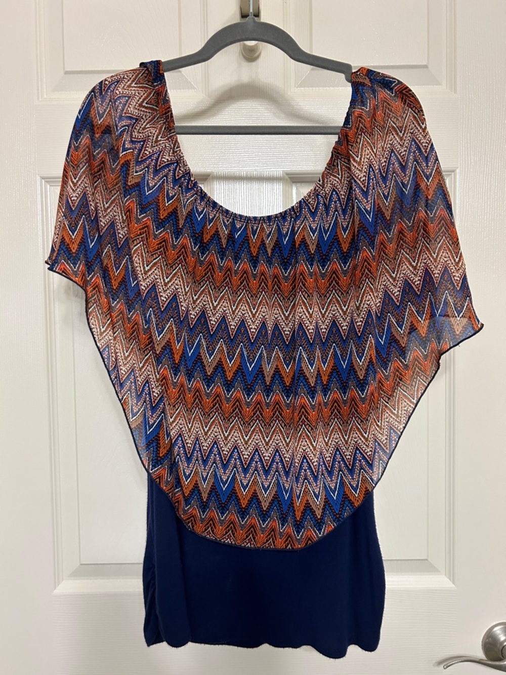 Claudia Richard Navy Orange Tan Chevron Tank Top with Semi Sheer Overlay M to XL